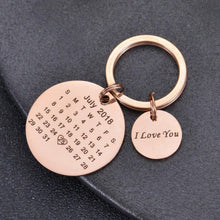 Rose gold engraved circle calendar keychain with special date