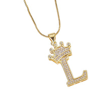 Gold iced out crown initial necklace with CZ letter pendant