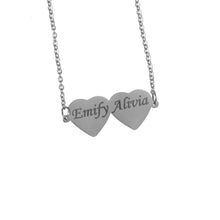 Silver personalized two-heart bar necklace with custom engraved names Emify and Alivia on fine cable chain.