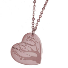 Rose Gold personalized family tree necklace featuring engraved names and a heart-shaped tree design.