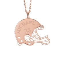 Rose Gold football helmet pendant with custom player personalization displayed on a chain.