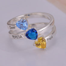 Engraved family names detail on birthstone ring band