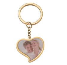Gold custom heart photo keyring displaying personalized couple photograph on sturdy split ring.