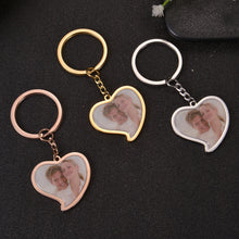 Trio of rose gold, silver, and gold personalized heart photo keychains displayed on white background.