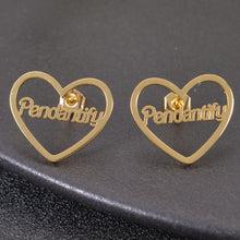 Gold custom open heart stud earrings with script name Pendantify laser cut across the center on earring posts.