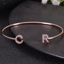 Rose gold custom initial bangle bracelet with CZ letter charm