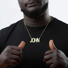 model wearing big name necklace custom
