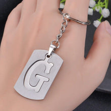 Close-up of cutout letter detail on dog tag keychain
