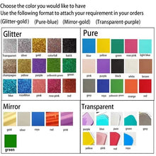 A color chart with four sections labeled Glitter, Pure, Mirror, and Transparent. Each section shows a variety of colors