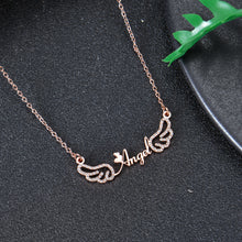 Rose gold custom angel wing name necklace with heart charm