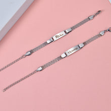 Silver personalized bar bracelet with custom script name Michae attached to double mesh chain with lobster clasp and extender.