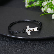 Black cord personalized cross bracelet with engraved name