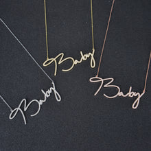 Three color options of custom cursive necklace side by side