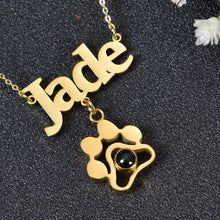 Gold personalized name necklace with paw print photo charm