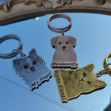 Pet portrait keychains shown in silver gold and rose gold with custom engraved pet designs
