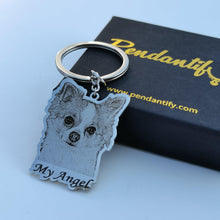 Personalized pet memorial keychains with engraved portraits and remembrance messages such as Forever and My Angel