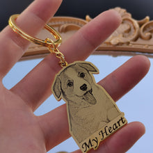 Person carrying a personalized engraved pet portrait keychain with custom pet name
