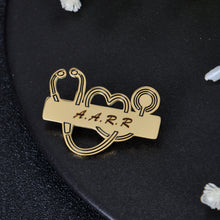 Gold personalized stethoscope name badge with heart charm and engraved name
