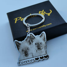Personalized pet memorial keychains with engraved portraits and remembrance messages such as Forever and My Angel