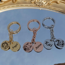 Gold pet memorial keyring with engraved dog or cat photo and custom pet name