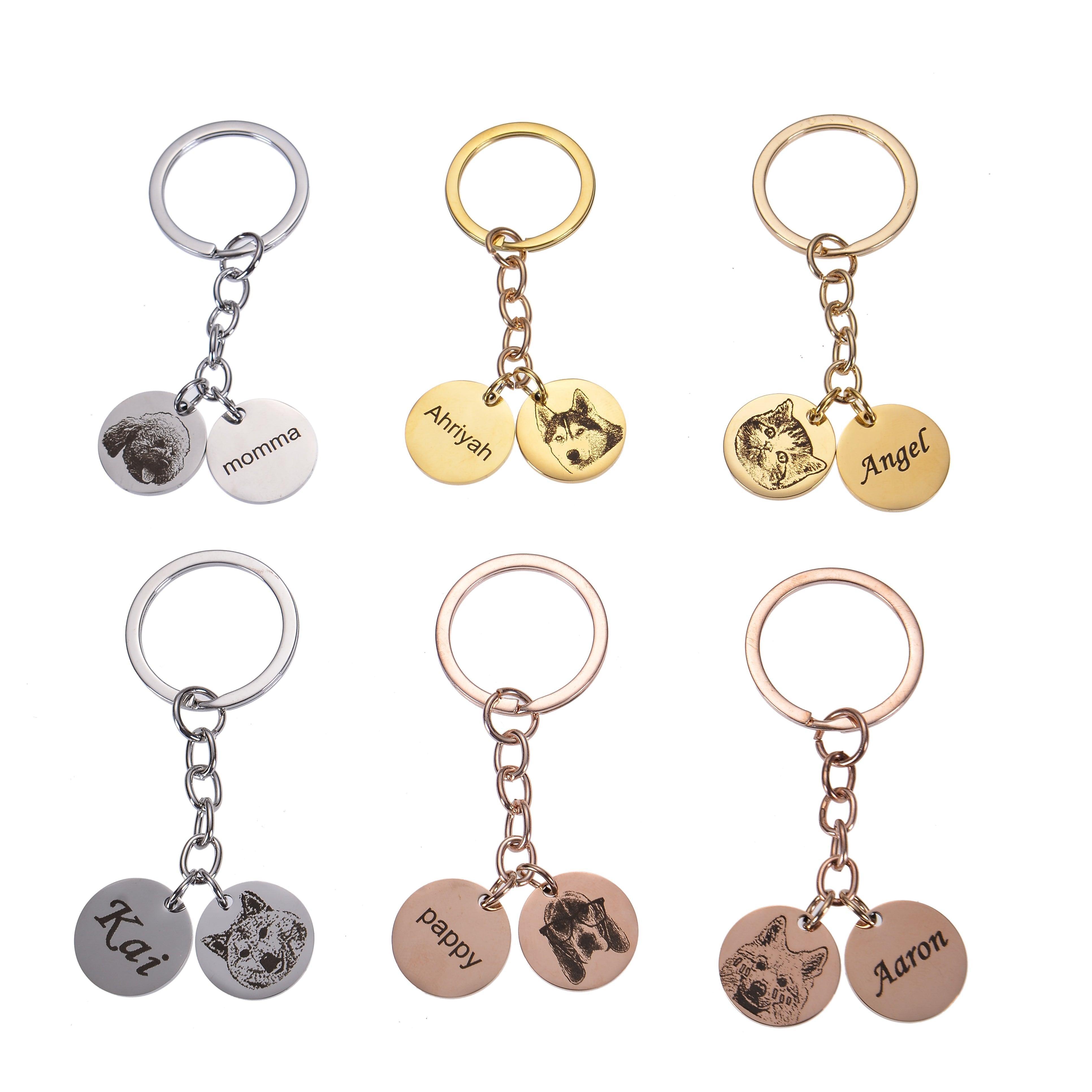 Personalized pet photo keychains in silver gold and rose gold with engraved pet portraits and names