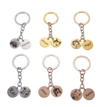 Personalized pet photo keychains in silver gold and rose gold with engraved pet portraits and names