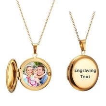 Gold custom folding round locket featuring engraved text on exterior cover and photo inside.