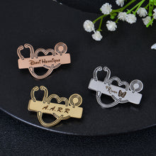 Three personalized stethoscope name badges shown in gold, rose gold, and silver